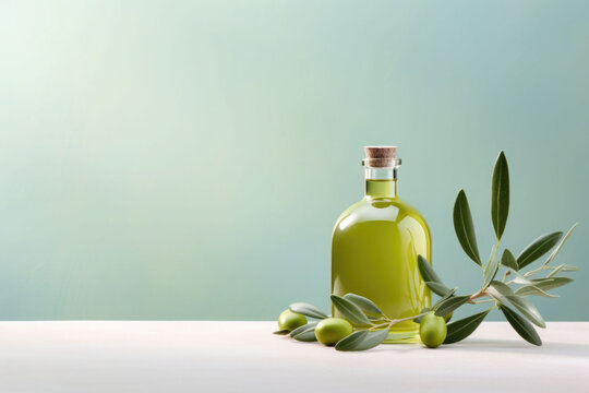 Bottle of fresh extra virgin olive oil and green olives with leaves. Generative AI