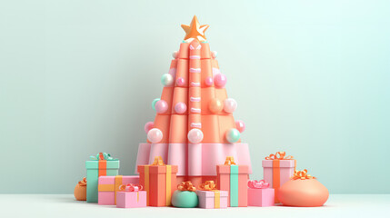 Ai generative of voluminous Christmas tree with brightly colored gifts in light pink and light orange, organic and geometric shapes, light turquoise and light pink backgrounds. High quality photo