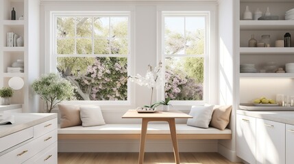  a kitchen with a window seat and a table with a vase on it.  generative ai