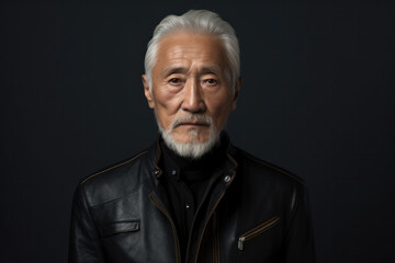 Middle-aged good looking asian man posing in front of a black background with copy space