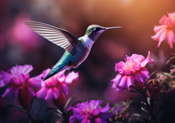Fototapeta premium Flying hummingbird with green forest in background. Small colorful bird in flight.
