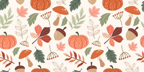 Seamless autumn pattern with mushrooms, pumpkins and plants