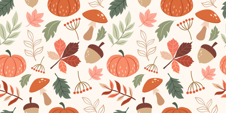 Seamless autumn pattern with mushrooms, pumpkins and plants