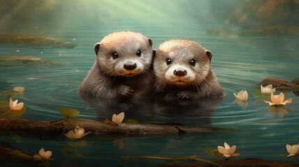  two otters in water with flowers floating on the water.  generative ai