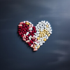heart of pills - heart shaped pills on the flatlay background