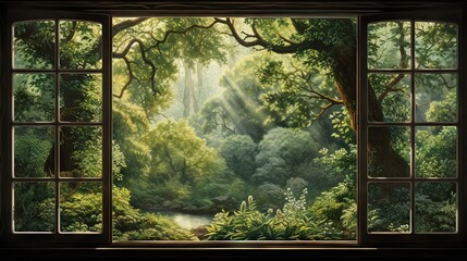  a painting of a lush green forest is seen through an open window.  generative ai