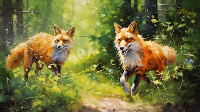  a painting of two foxes running through a forest path together.  generative ai
