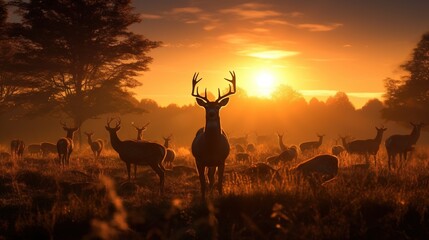  a herd of deer standing on top of a grass covered field.  generative ai