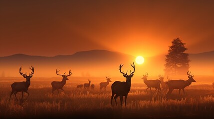 Fototapeta na wymiar a herd of deer standing on top of a grass covered field. generative ai
