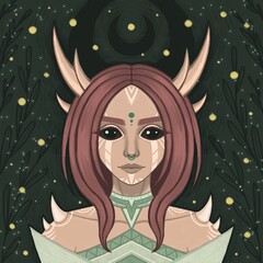 Girl with horns, 2d fantasy illustration, Fantasy book cover illustration, Forest girl
