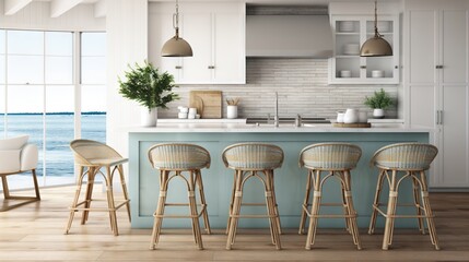  a kitchen with four stools and a bar with a view of the ocean.  generative ai