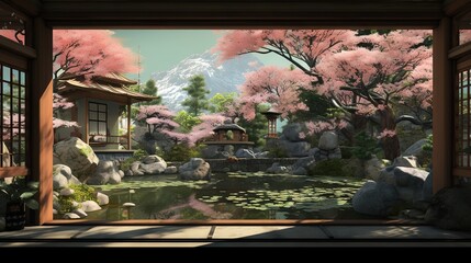  a painting of a japanese garden with a pond and pagoda.  generative ai