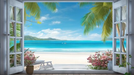  an open window with a view of a beach and a boat.  generative ai