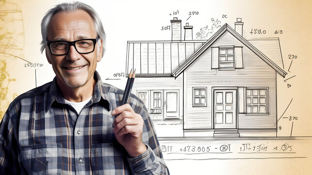 Homme heureux avec un plan d'architecte de maison, immobilier, bricoleur