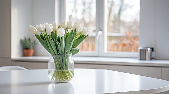  a vase of white tulips on a table in front of a window.  generative ai