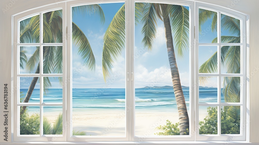 Sticker a painting of a tropical beach with palm trees and the ocean seen through an open window. generative