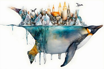 A surreal penguin swimming with an island on the back where exist a city with buildings