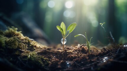  a small plant sprouts from the ground in a forest.  generative ai