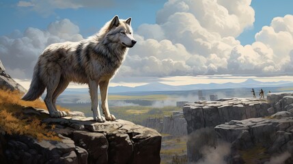  a painting of a wolf standing on top of a cliff.  generative ai