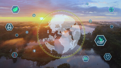 Sustainability releated icons and world map on a sunrise landscape - 3D overlay