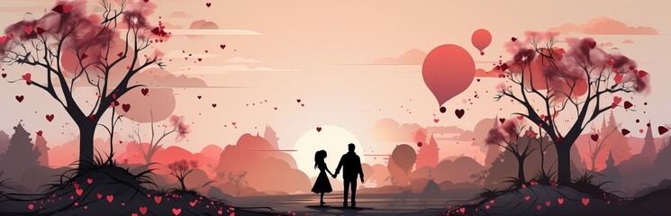 Romantic background illustration, trees decorated with pink hearts. drawing with couple on a date, banner with copy space. Concept: love and valentine's day.
