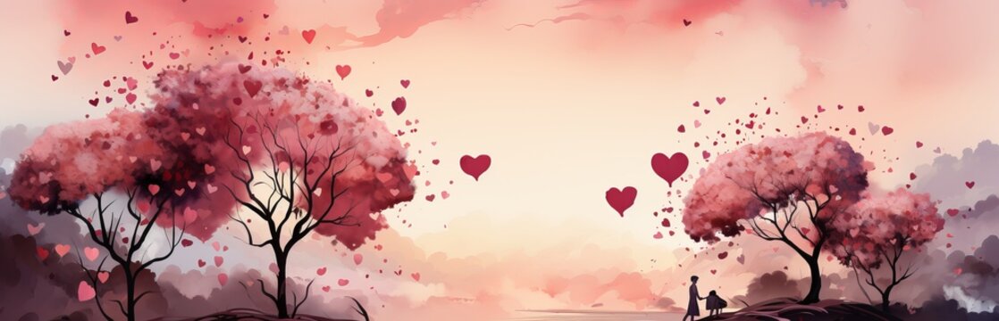 Romantic background illustration, trees decorated with pink hearts. drawing with couple on a date, banner with copy space. Concept: love and valentine's day.
