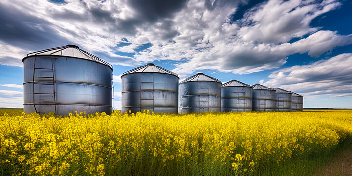 Beautiful art style depicting shiny large metal barns in a rapeseed field Capturing the beauty of nature with clouds and blue sky in the background. Location: East Calgary, Alberta, Canada.