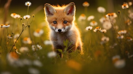  a little fox is standing in a field of daisies.  generative ai