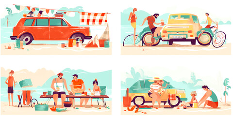 A set of illustrations depicting various summer family vacations and weekend activities. Includes illustrations of beach trips, hiking, picnics, visiting amusement parks, etc.