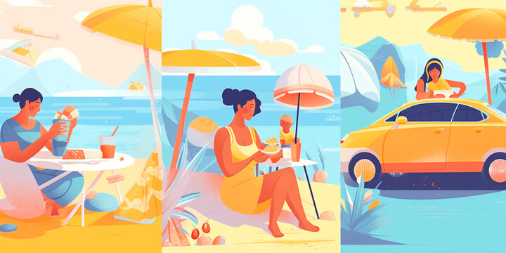 A set of illustrations depicting summer family holidays and weekend activities. Ideal for creating posters, cards and social media graphics. Includes various scenes such as trips to the beach,