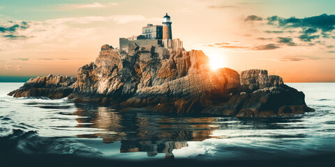A collage of cut out photos with vintage toning for a surreal effect. Includes an image of a fortress with a seascape and cliffs at sunset. Represents Dada minimalism and distinctive art. - obrazy, fototapety, plakaty