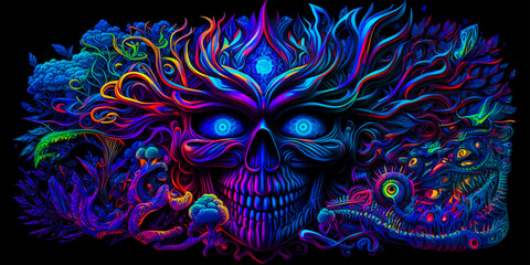 The art is known for its surreal and psychedelic themes. Designed for viewing in black light to enhance the experience. Reflects the mind-altering effects of DMT.