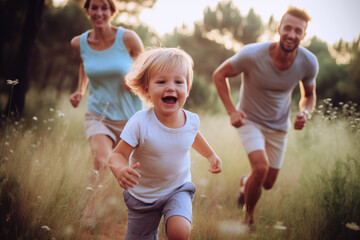 Fototapeta premium happy child running chased by his parents
