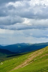Fototapeta premium Aerial vertical view of a picturesque valley surrounded by lush green forest, Carpathian mountains