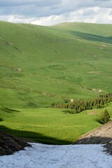 Scenic view of the Carpathian mountains with a grassy slope in the foreground