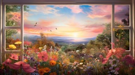  a painting of a window with a view of a beautiful sunset.  generative ai