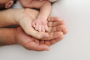 Three palms of a happy family. Small hand of a newborn with tiny fingers, head and ear of a newborn.