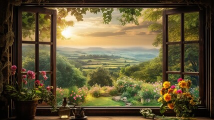Fototapeta na wymiar a painting of a window with a view of the countryside. generative ai