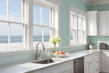 Mediterranean Kitchen with blue walls and large window sea view