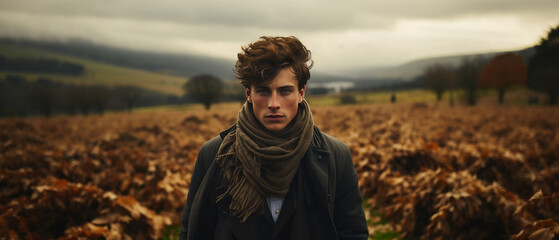 editorial portrait of a white male model standing in a field in autumn / fall - obrazy, fototapety, plakaty