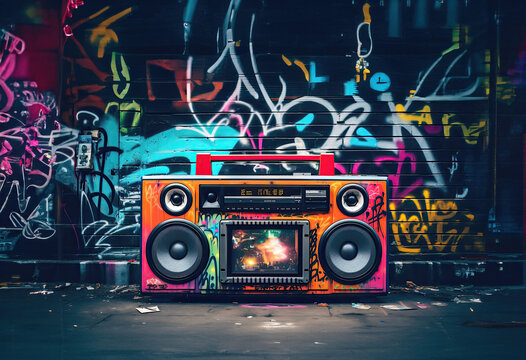 Fototapeta Retro old design ghetto blaster boombox radio cassette tape recorder from 1980s in a grungy graffiti covered room.music blaster 