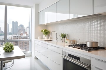Monochromatic kitchen with crisp white walls and cabinets. White quartz countertops, city view from window