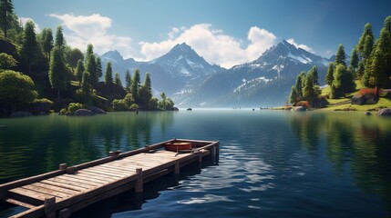  a painting of a dock on a lake with mountains in the background.  generative ai