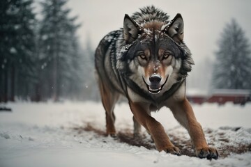 Fototapeta premium angry wolk in the snow, winter animal portrait, close up