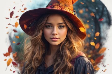 beautiful halloween witch in the autumn