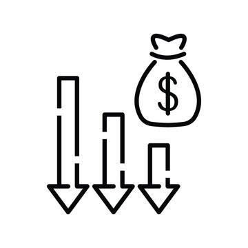 financial risk icon, benefit reduce dollar, reduction cost, thin line web symbol on white background - editable stroke vector illustration eps10