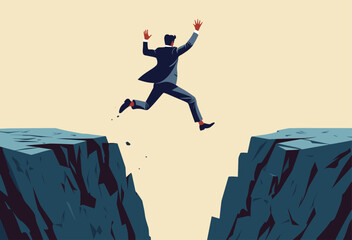 Vector illustration of businessman jumping over the abyss, financial risk, сhallenge, success and leadership concept