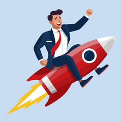 Vector illustration of an excited businessman riding a rocket booster, financial growth, business success