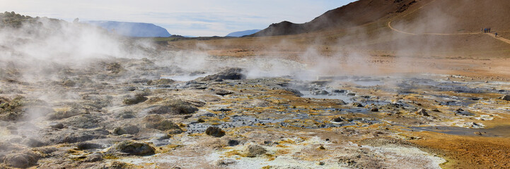 Hverir, Iceland. A surreal, bare orangy-red, geothermal area at the foot of Namafjall. Full of fumaroles, mud pools, steam vents. It's on Route 1. It is also called Namaskard Hverir.