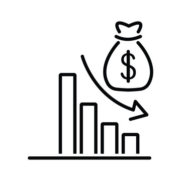 financial risk icon, benefit reduce dollar, reduction cost, thin line web symbol on white background - editable stroke vector illustration eps10